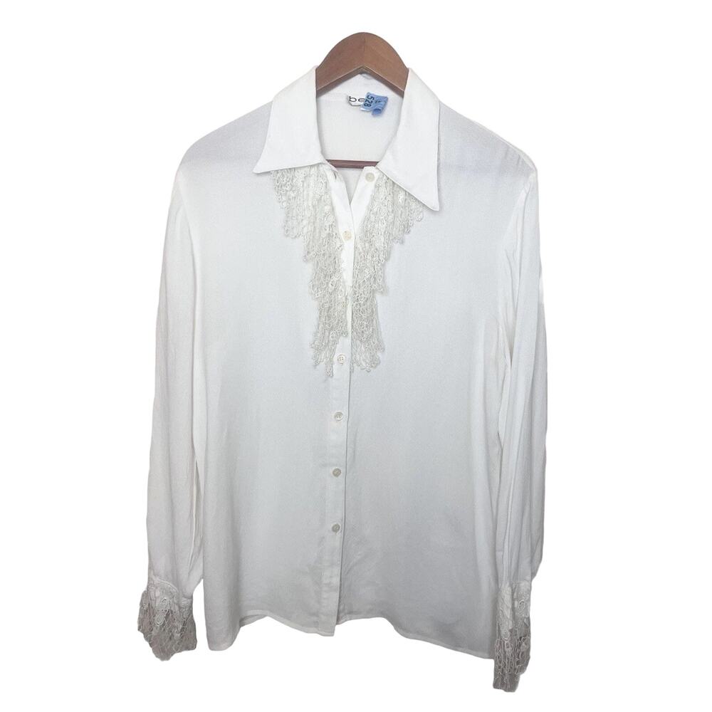 BEBE Lace Crochet Button Front Long Sleeve Shirt Women’s Sz Medium White